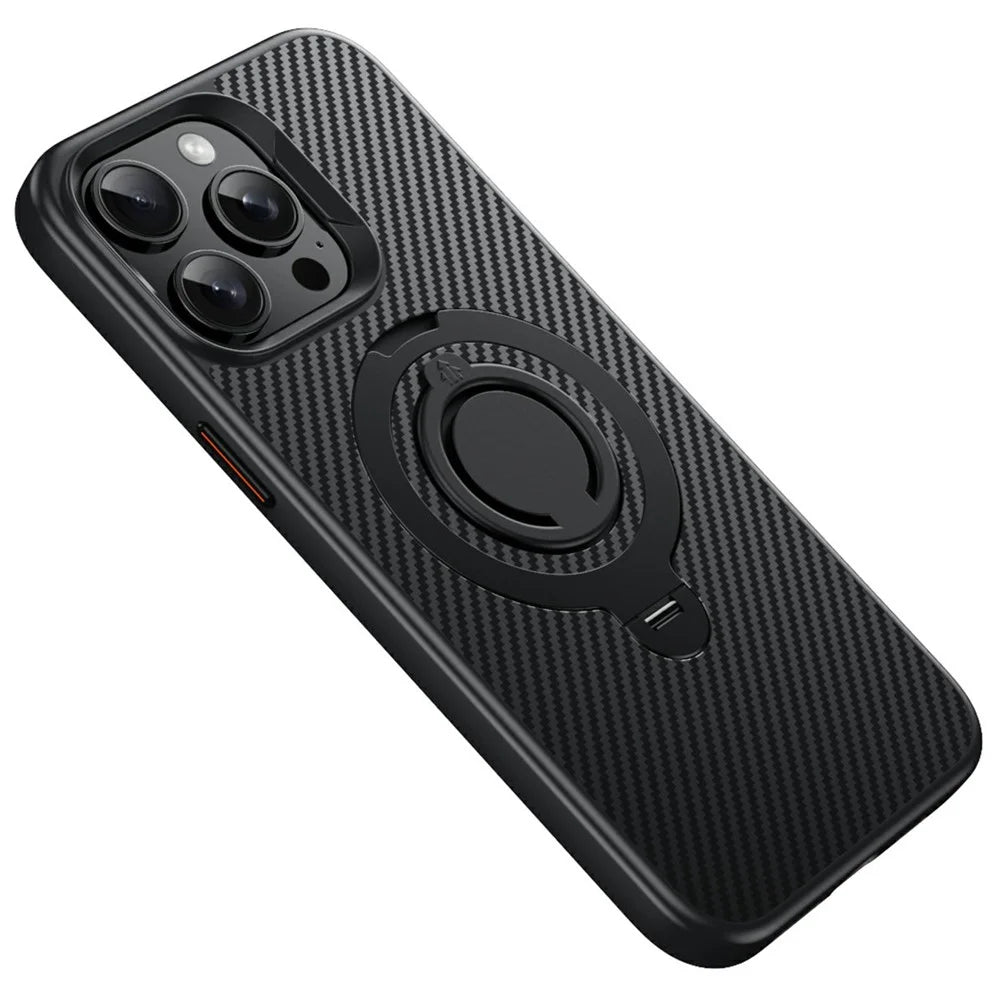 For iPhone 14 Pro Case Compatible with MagSafe Kickstand Carbon Fiber Texture PC + TPU Back Cover with Silicone Ring - Black - 1