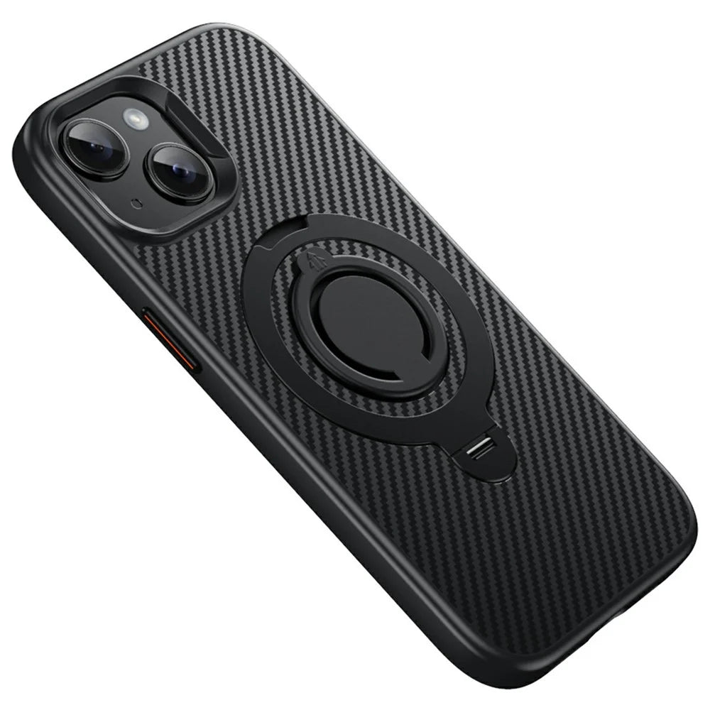 For iPhone 15 Case Compatible with MagSafe Kickstand Carbon Fiber Texture PC + TPU Back Cover with Silicone Ring - Black - 1