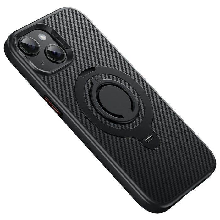 For iPhone 15 Case Compatible with MagSafe Kickstand Carbon Fiber Texture PC + TPU Back Cover with Silicone Ring - Black - 1
