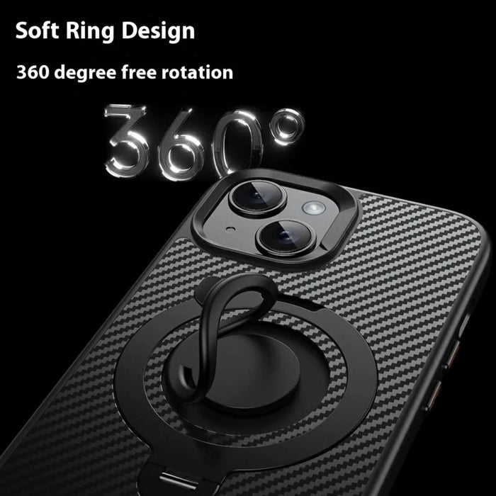 For iPhone 15 Case Compatible with MagSafe Kickstand Carbon Fiber Texture PC + TPU Back Cover with Silicone Ring - Black - 2