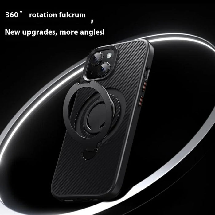 For iPhone 15 Case Compatible with MagSafe Kickstand Carbon Fiber Texture PC + TPU Back Cover with Silicone Ring - Black - 3