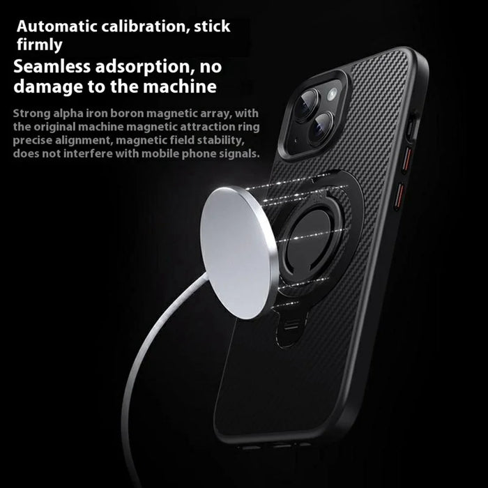 For iPhone 15 Case Compatible with MagSafe Kickstand Carbon Fiber Texture PC + TPU Back Cover with Silicone Ring - Black - 4