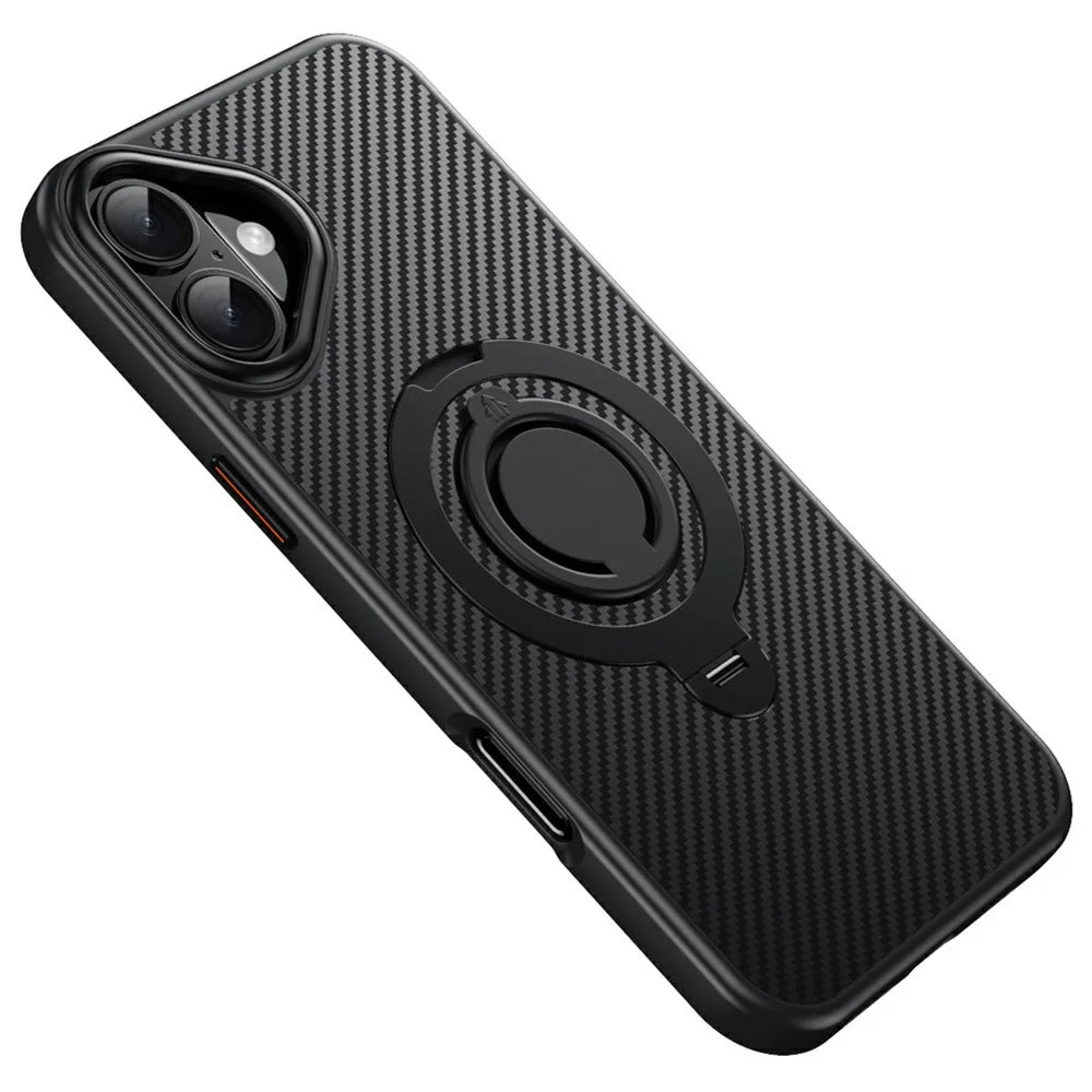 For iPhone 16 Case Compatible with MagSafe Kickstand Carbon Fiber Texture PC + TPU Back Cover with Silicone Ring - Black - 1