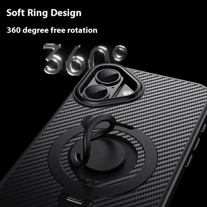 For iPhone 16 Case Compatible with MagSafe Kickstand Carbon Fiber Texture PC + TPU Back Cover with Silicone Ring - Black - 2