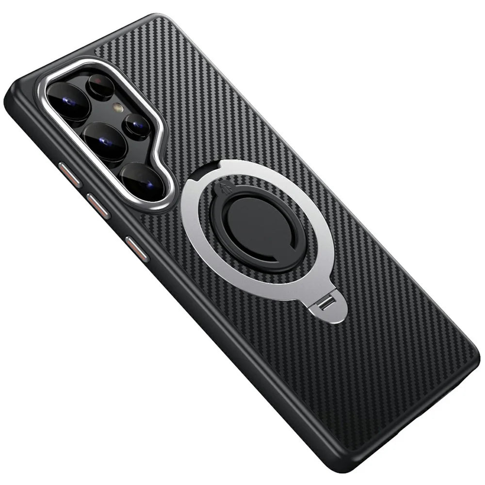 For Samsung Galaxy S25 Ultra Magnetic Case Kickstand Carbon Fiber Texture PC + TPU Back Cover with Silicone Ring - Silver - 1