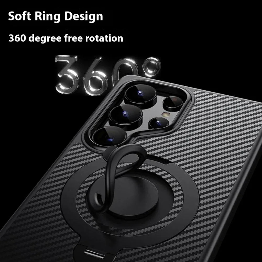 For Samsung Galaxy S25 Ultra Magnetic Case Kickstand Carbon Fiber Texture PC + TPU Back Cover with Silicone Ring - Silver - 2