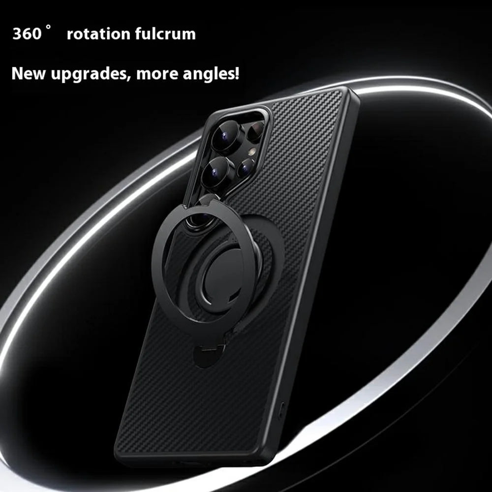 For Samsung Galaxy S25 Ultra Magnetic Case Kickstand Carbon Fiber Texture PC + TPU Back Cover with Silicone Ring - Silver - 3