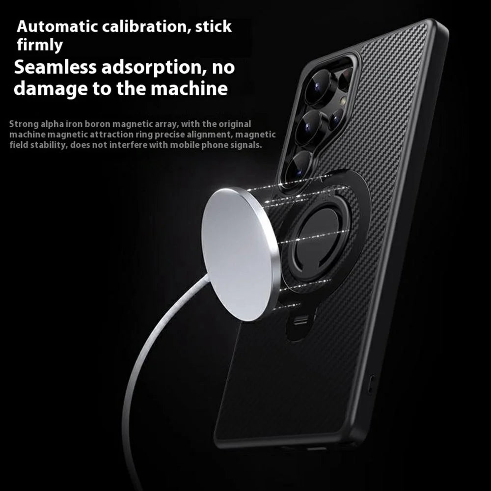 For Samsung Galaxy S25 Ultra Magnetic Case Kickstand Carbon Fiber Texture PC + TPU Back Cover with Silicone Ring - Silver - 4