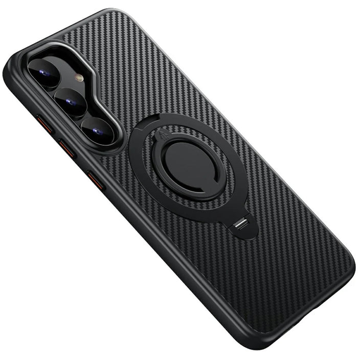For Samsung Galaxy S25+ Magnetic Case Kickstand Carbon Fiber Texture PC + TPU Back Cover with Silicone Ring - Black - 1