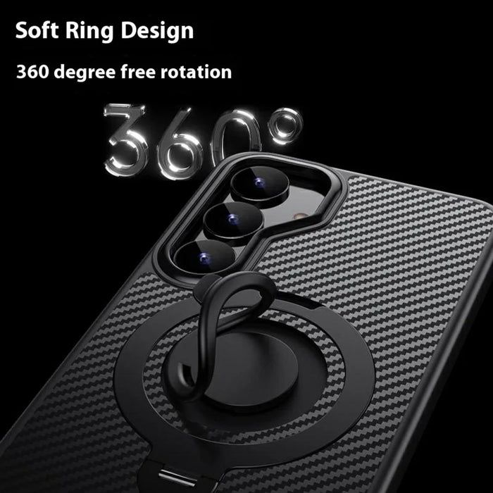 For Samsung Galaxy S25+ Magnetic Case Kickstand Carbon Fiber Texture PC + TPU Back Cover with Silicone Ring - Black - 2