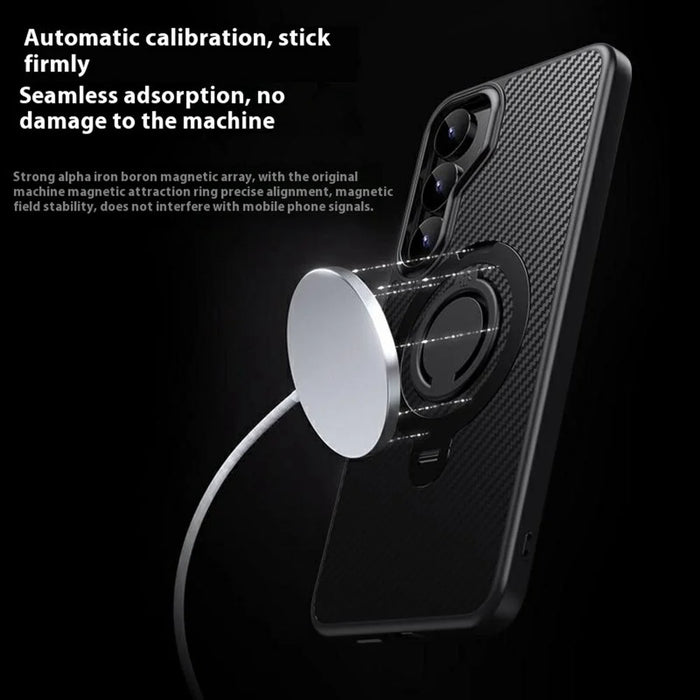 For Samsung Galaxy S25+ Magnetic Case Kickstand Carbon Fiber Texture PC + TPU Back Cover with Silicone Ring - Black - 4