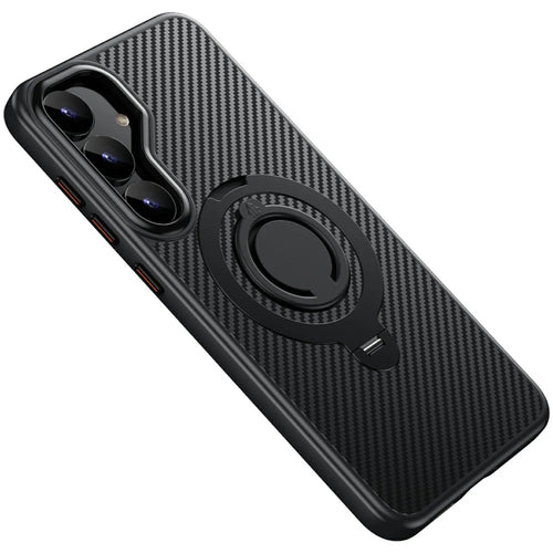For Samsung Galaxy S25 Magnetic Case Kickstand Carbon Fiber Texture PC + TPU Back Cover with Silicone Ring - Black - 1