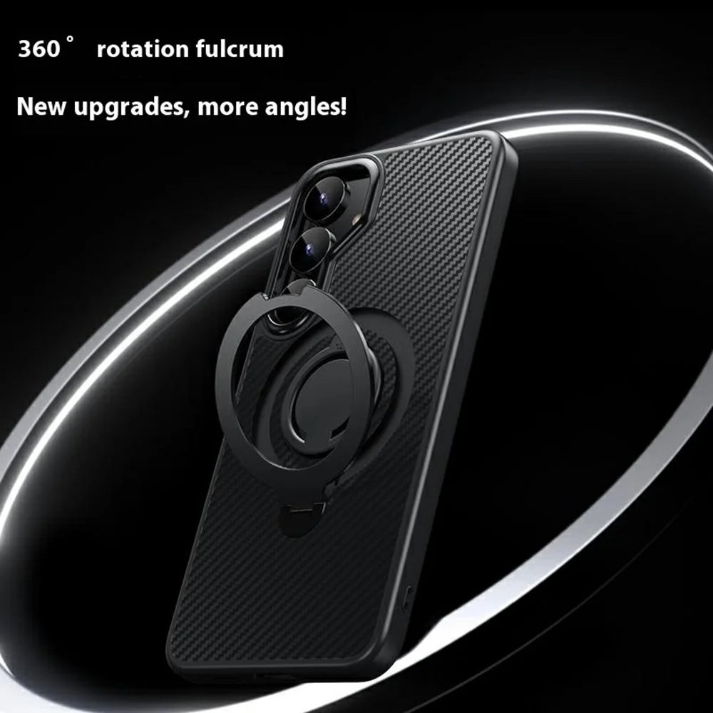 For Samsung Galaxy S25 Magnetic Case Kickstand Carbon Fiber Texture PC + TPU Back Cover with Silicone Ring - Black - 3