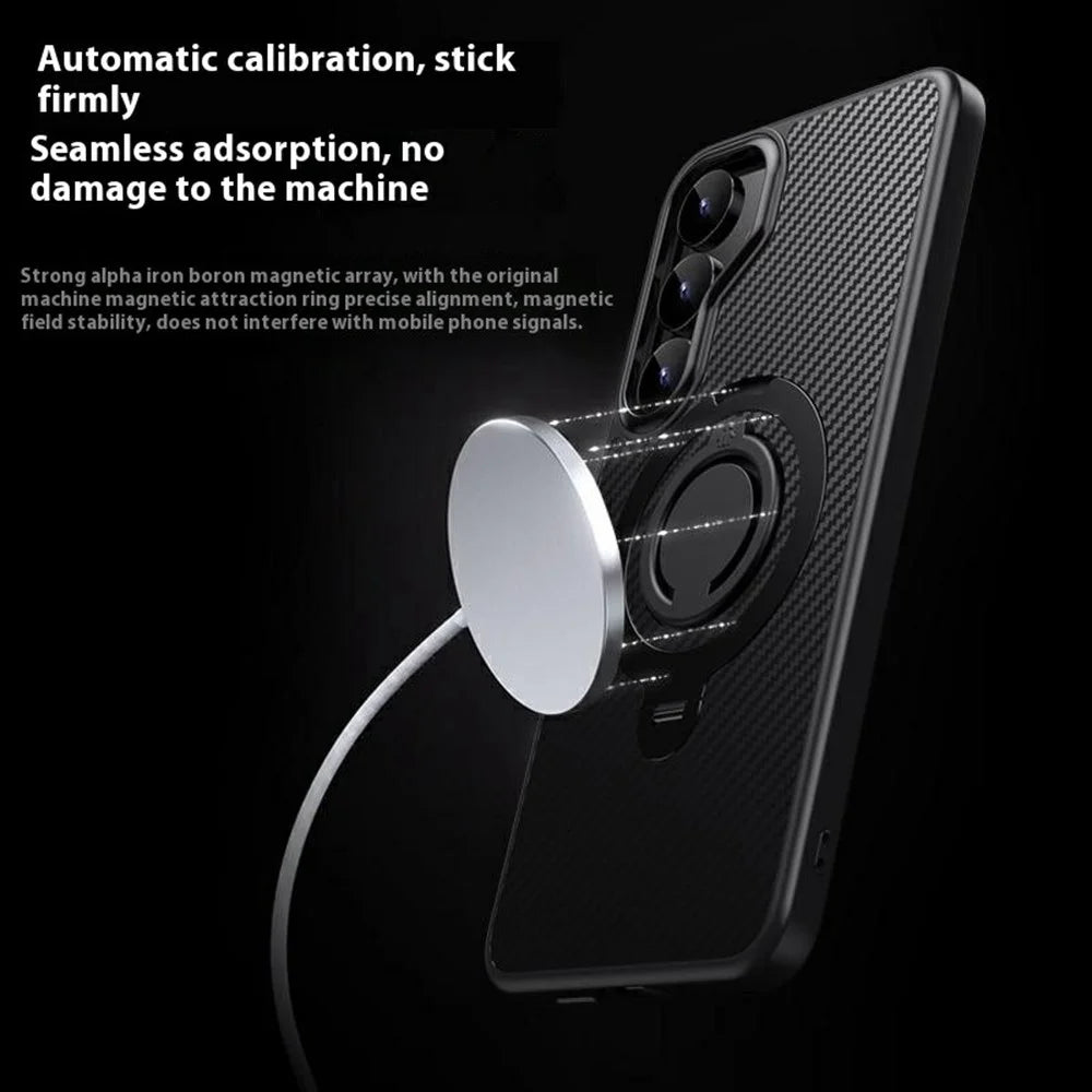 For Samsung Galaxy S25 Magnetic Case Kickstand Carbon Fiber Texture PC + TPU Back Cover with Silicone Ring - Black - 4