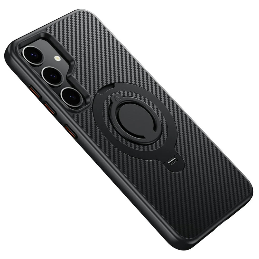 For Samsung Galaxy S24 Magnetic Case Kickstand Carbon Fiber Texture PC + TPU Back Cover with Silicone Ring - Black - 1