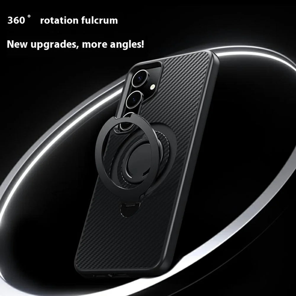 For Samsung Galaxy S24 Magnetic Case Kickstand Carbon Fiber Texture PC + TPU Back Cover with Silicone Ring - Black - 3
