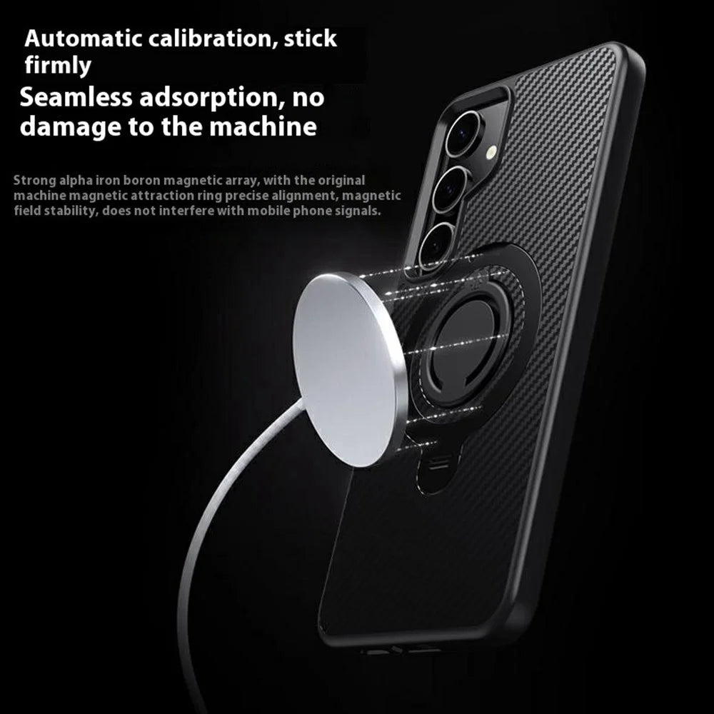 For Samsung Galaxy S24 Magnetic Case Kickstand Carbon Fiber Texture PC + TPU Back Cover with Silicone Ring - Black - 4