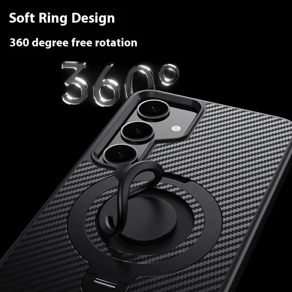 For Samsung Galaxy S24+ Magnetic Case Kickstand Carbon Fiber Texture PC + TPU Back Cover with Silicone Ring - Black - 2