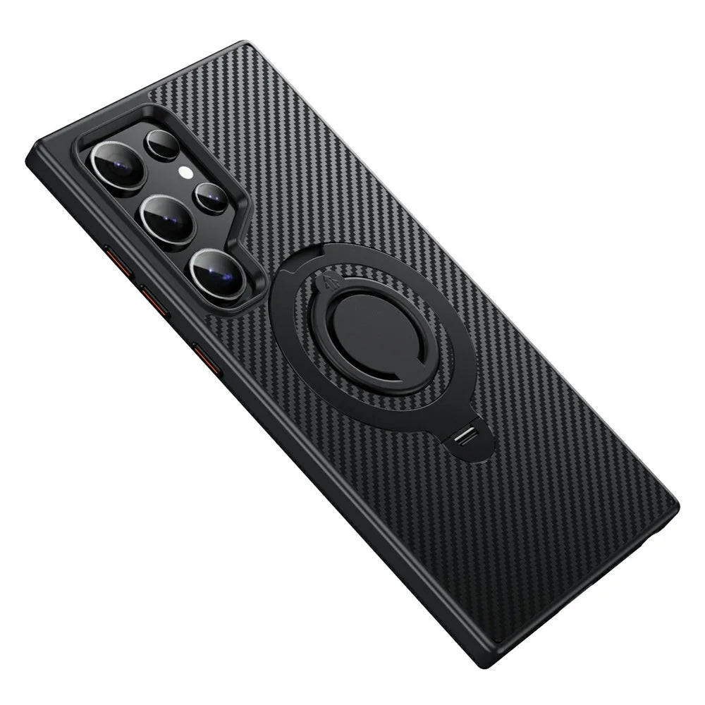 For Samsung Galaxy S24 Ultra Magnetic Case Kickstand Carbon Fiber Texture PC + TPU Back Cover with Silicone Ring - Black - 1