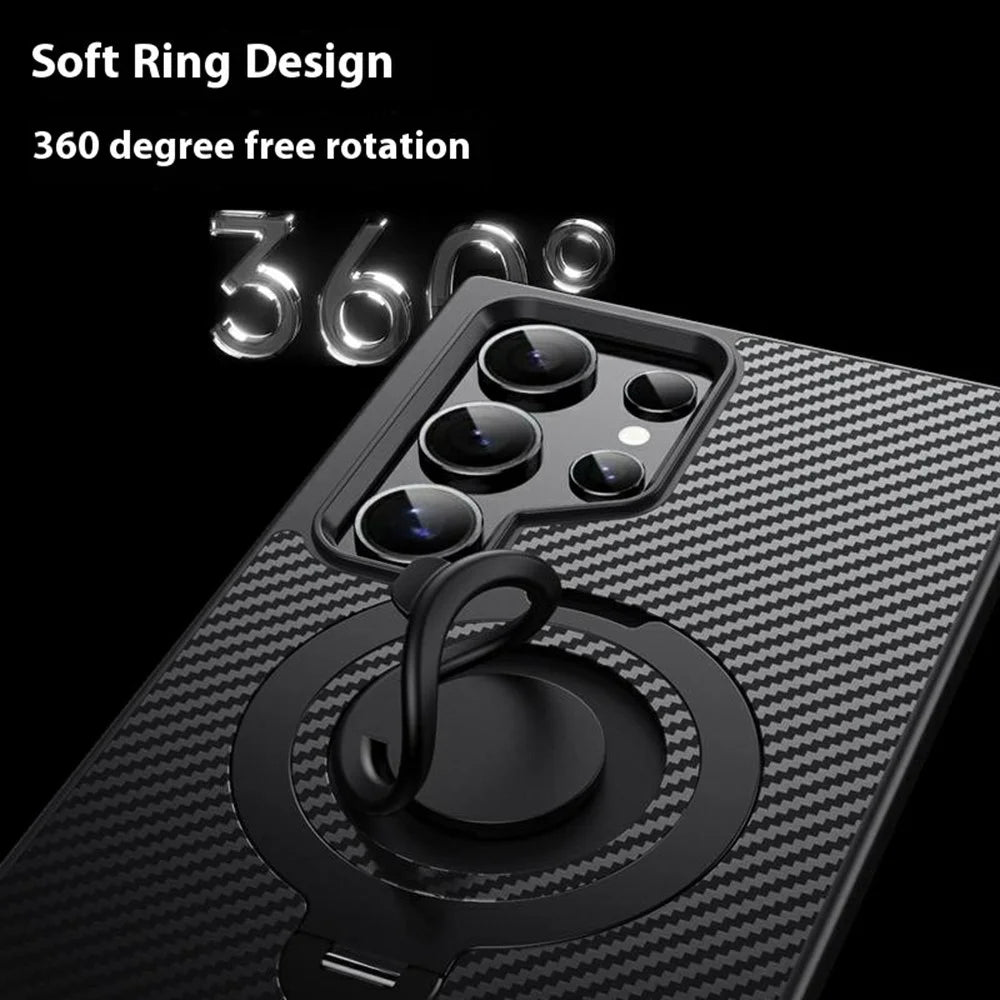 For Samsung Galaxy S24 Ultra Magnetic Case Kickstand Carbon Fiber Texture PC + TPU Back Cover with Silicone Ring - Black - 2