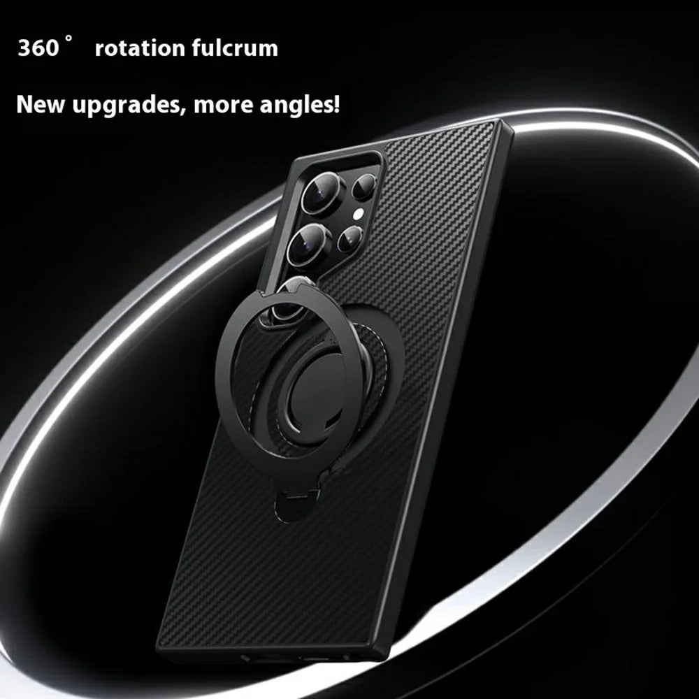 For Samsung Galaxy S24 Ultra Magnetic Case Kickstand Carbon Fiber Texture PC + TPU Back Cover with Silicone Ring - Black - 3