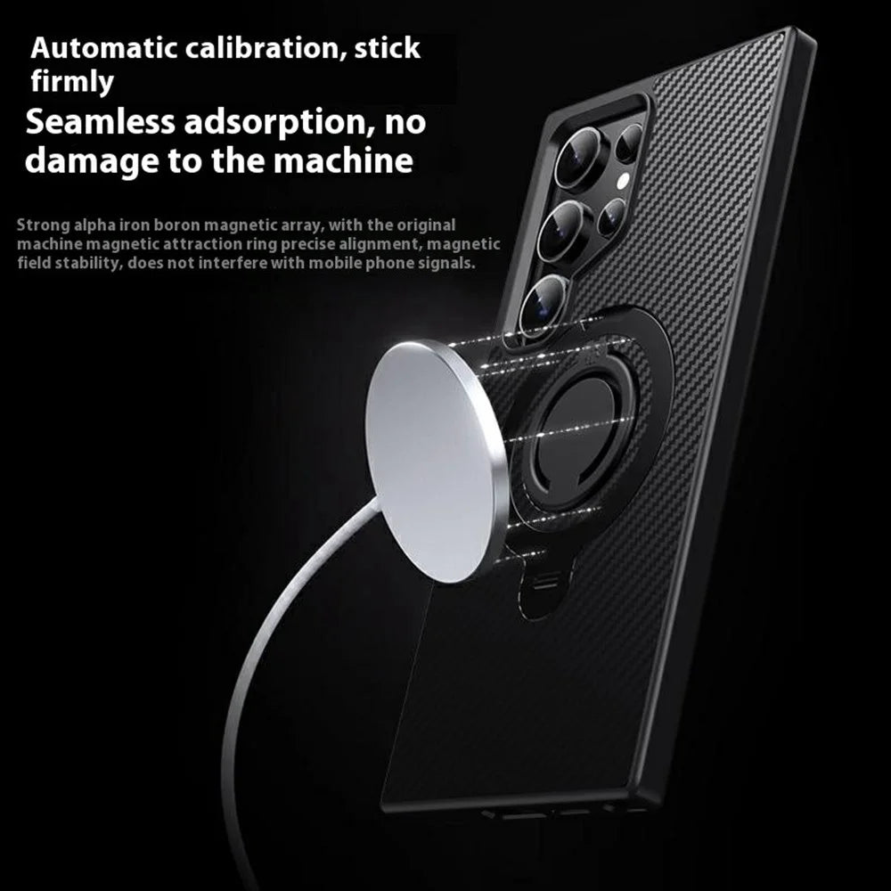 For Samsung Galaxy S24 Ultra Magnetic Case Kickstand Carbon Fiber Texture PC + TPU Back Cover with Silicone Ring - Black - 4
