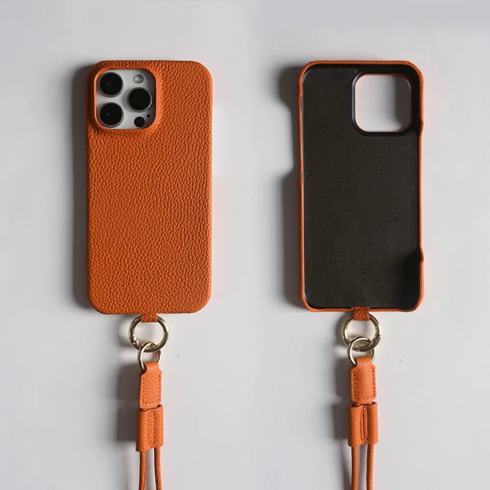 For iPhone 14 Pro Max Case With Lanyard Genuine Cow Leather PC Phone Back Cover - Orange - 4