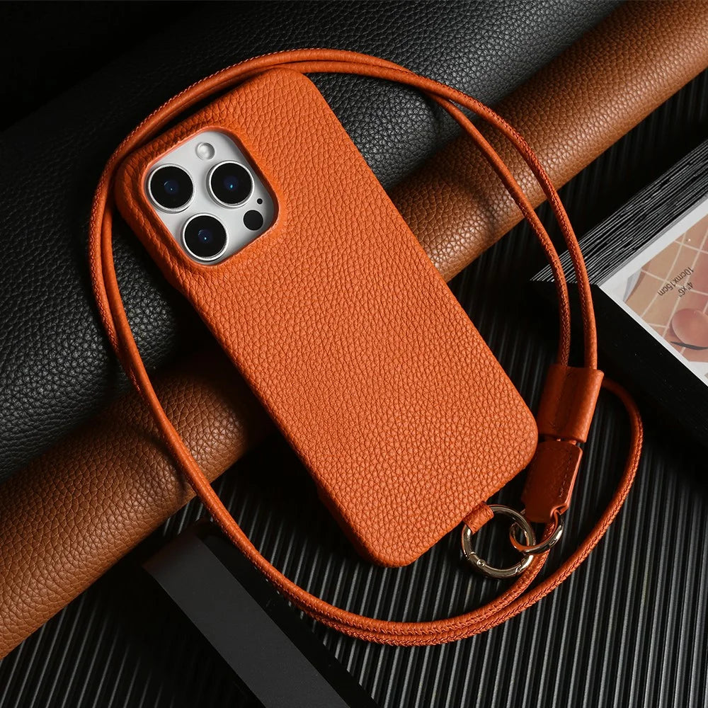 For iPhone 15 Pro Max Case With Lanyard Genuine Cow Leather PC Phone Back Cover - Orange - 1