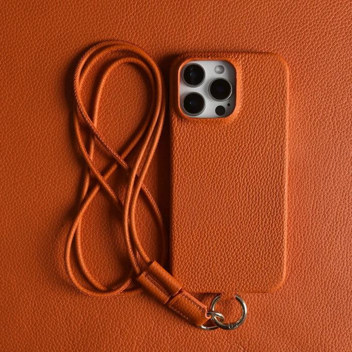 For iPhone 15 Pro Max Case With Lanyard Genuine Cow Leather PC Phone Back Cover - Orange - 5