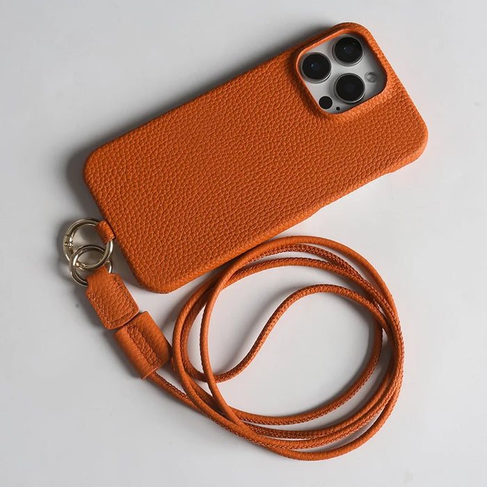 For iPhone 13 Pro Max Case With Lanyard Genuine Cow Leather PC Phone Back Cover - Orange - 2