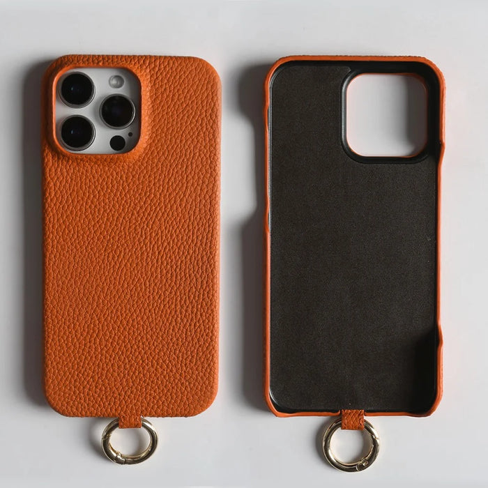 For iPhone 13 Pro Max Case With Lanyard Genuine Cow Leather PC Phone Back Cover - Orange - 3