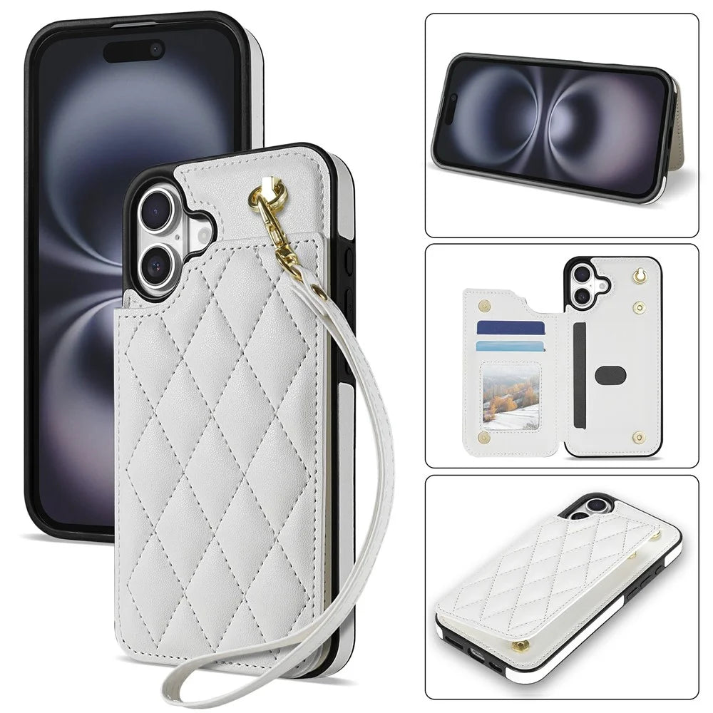 For iPhone 16 Case with Wrist Strap Card Slots Rhombus Leather + TPU Phone Cover - White - 1