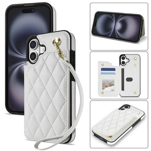 For iPhone 16 Case with Wrist Strap Card Slots Rhombus Leather + TPU Phone Cover - White - 1