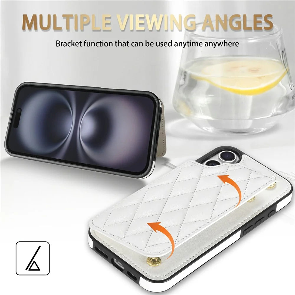 For iPhone 16 Case with Wrist Strap Card Slots Rhombus Leather + TPU Phone Cover - White - 4
