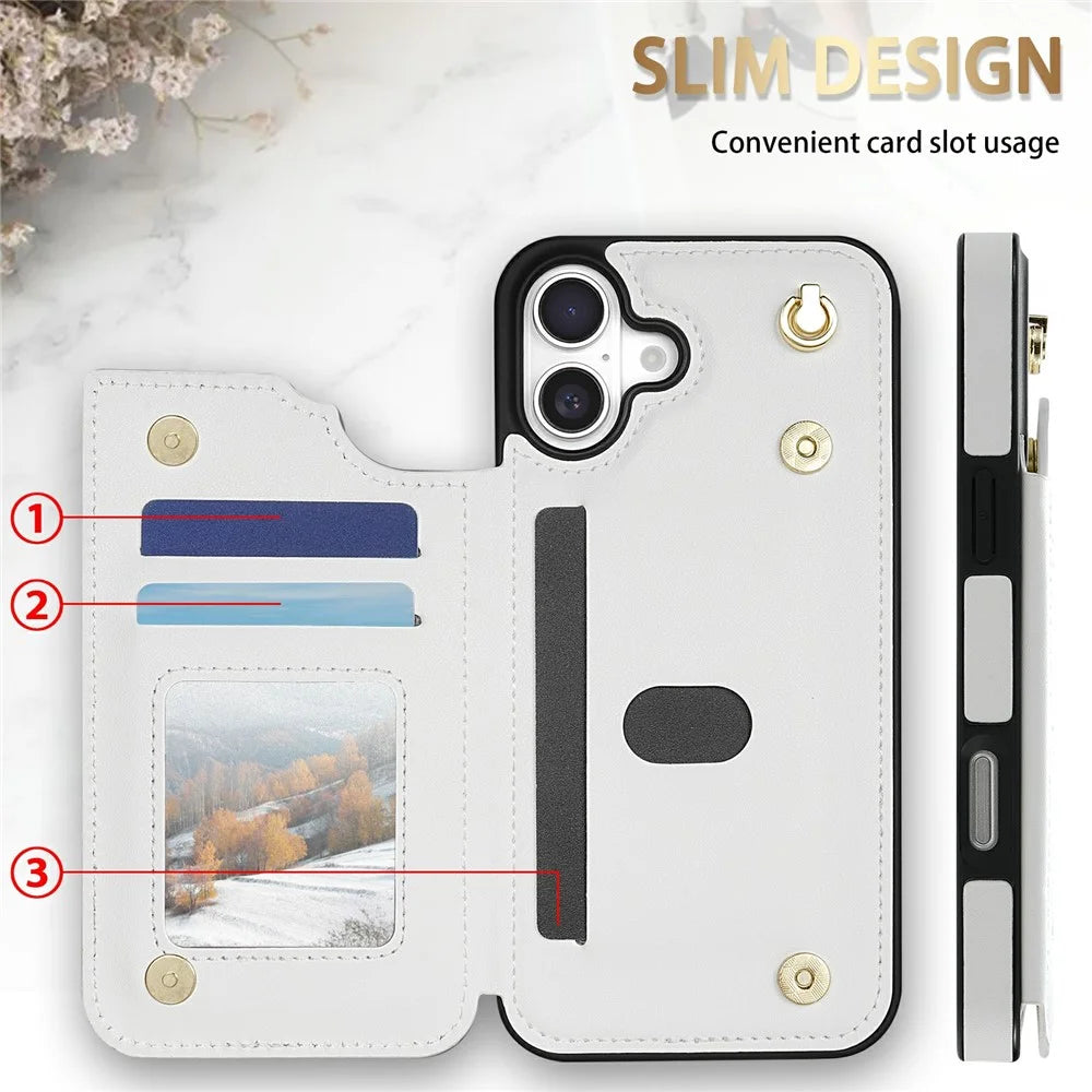 For iPhone 16 Plus Case with Wrist Strap Card Slots Rhombus Leather + TPU Phone Cover - White - 6