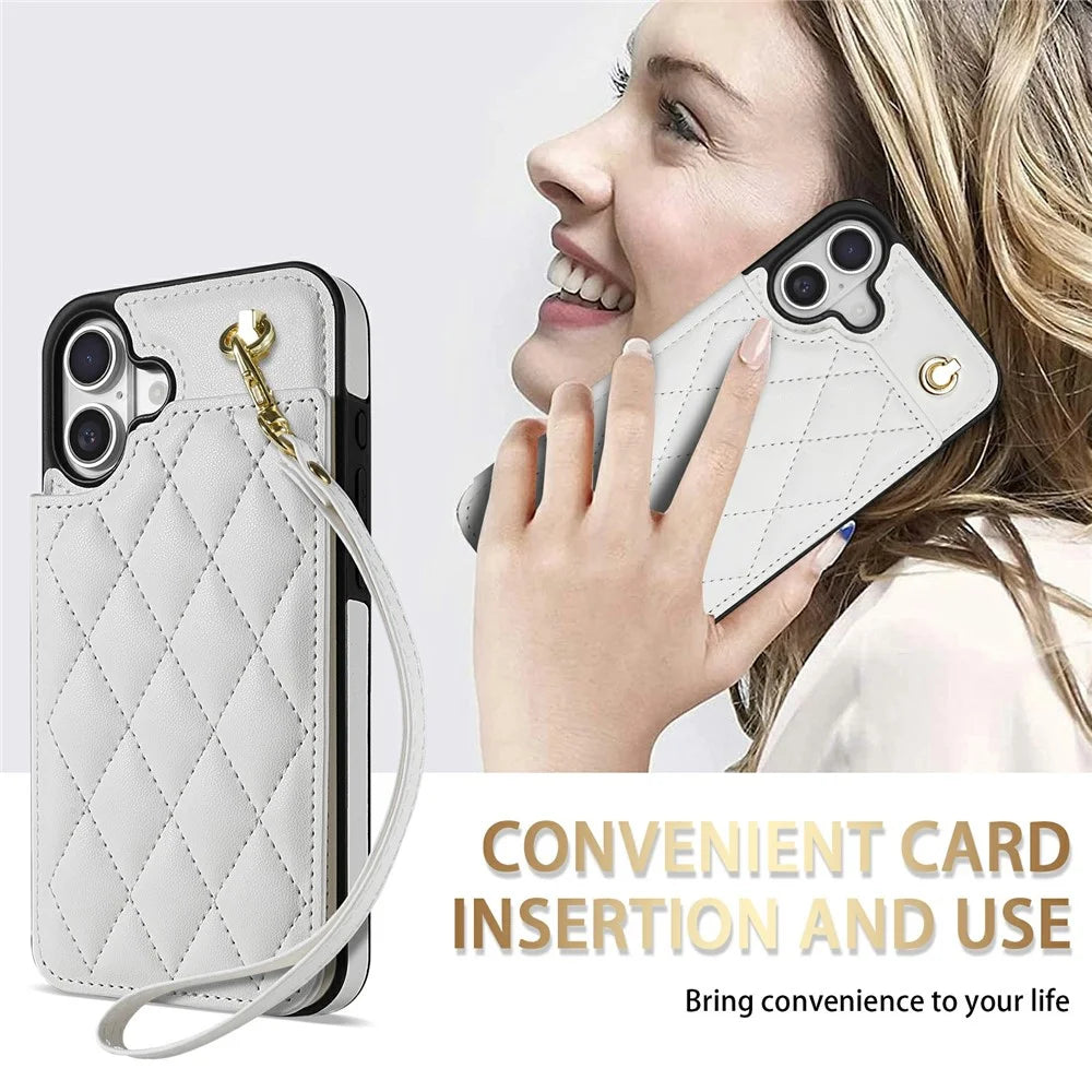 For iPhone 16 Plus Case with Wrist Strap Card Slots Rhombus Leather + TPU Phone Cover - White - 7