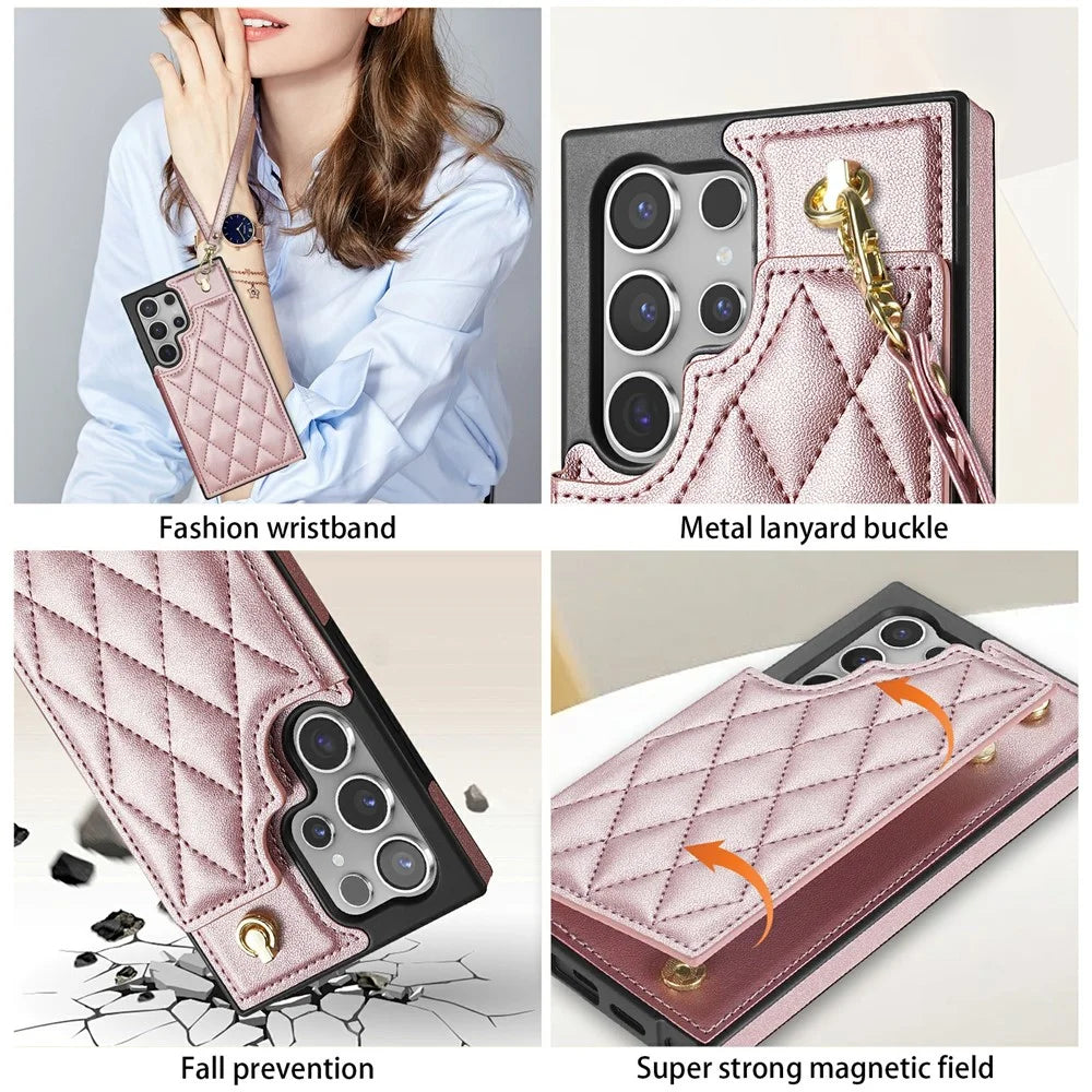 For Samsung Galaxy S24 Ultra Case with Wrist Strap Card Slots Rhombus Leather + TPU Phone Cover - Rose Gold - 6