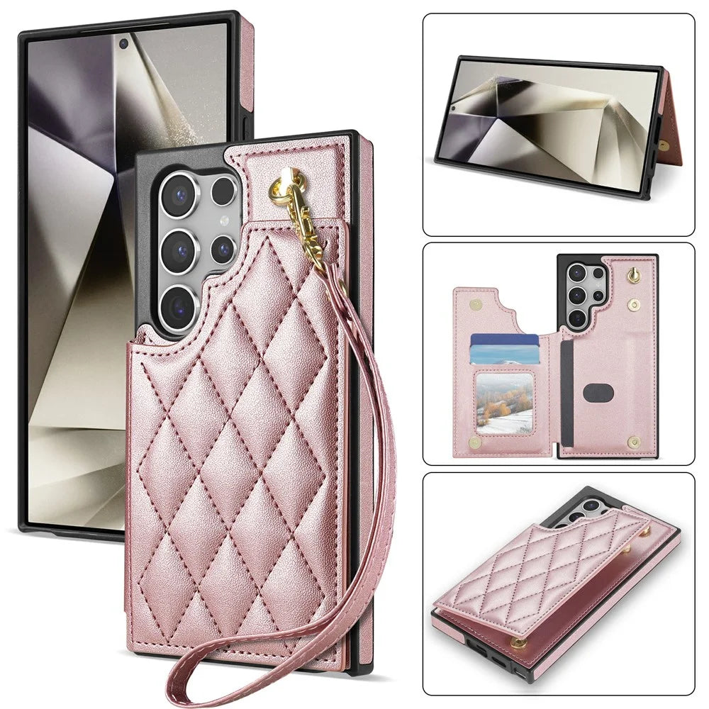 For Samsung Galaxy S25 Ultra Case with Wrist Strap Card Slots Rhombus Leather + TPU Phone Cover - Rose Gold - 1
