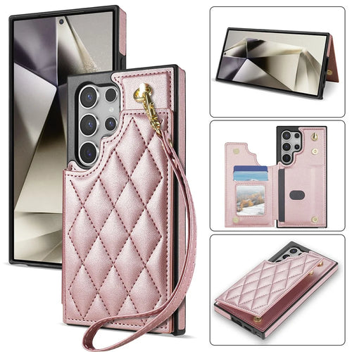 For Samsung Galaxy S25 Ultra Case with Wrist Strap Card Slots Rhombus Leather + TPU Phone Cover - Rose Gold - 1