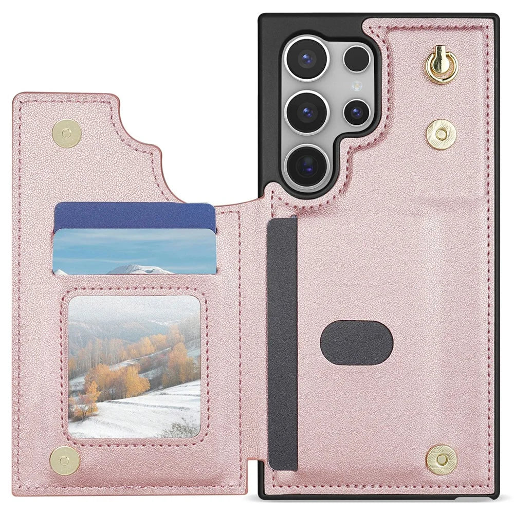 For Samsung Galaxy S25 Ultra Case with Wrist Strap Card Slots Rhombus Leather + TPU Phone Cover - Rose Gold - 2