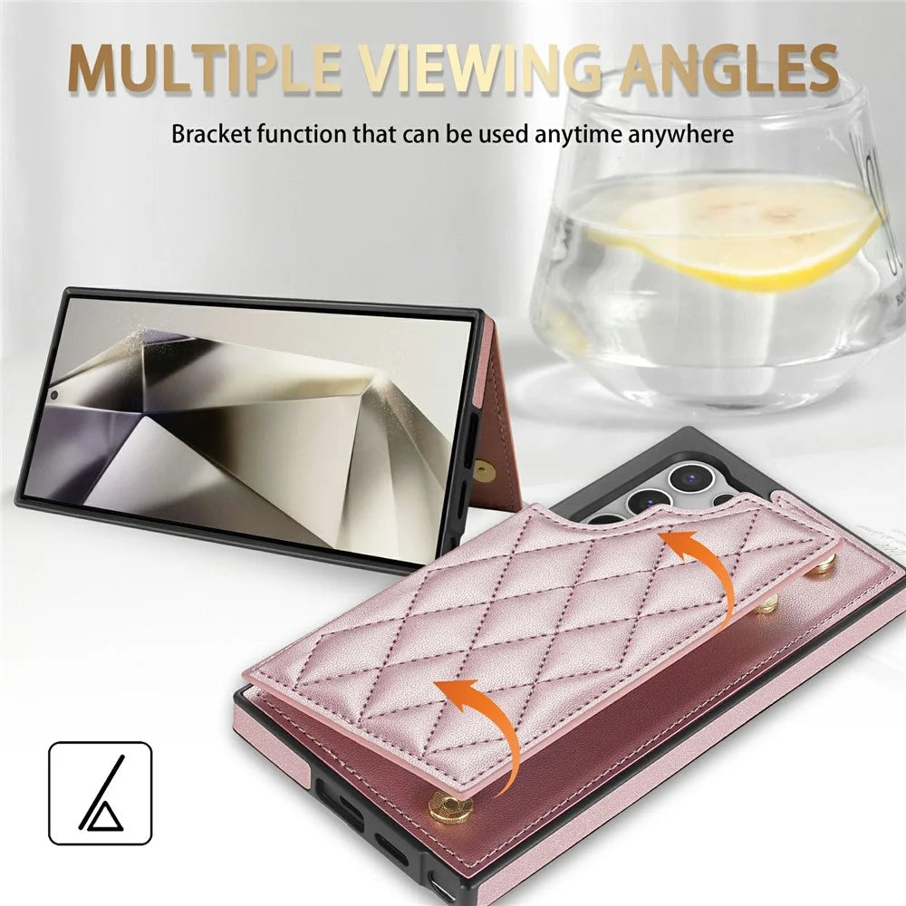 For Samsung Galaxy S25 Ultra Case with Wrist Strap Card Slots Rhombus Leather + TPU Phone Cover - Rose Gold - 4