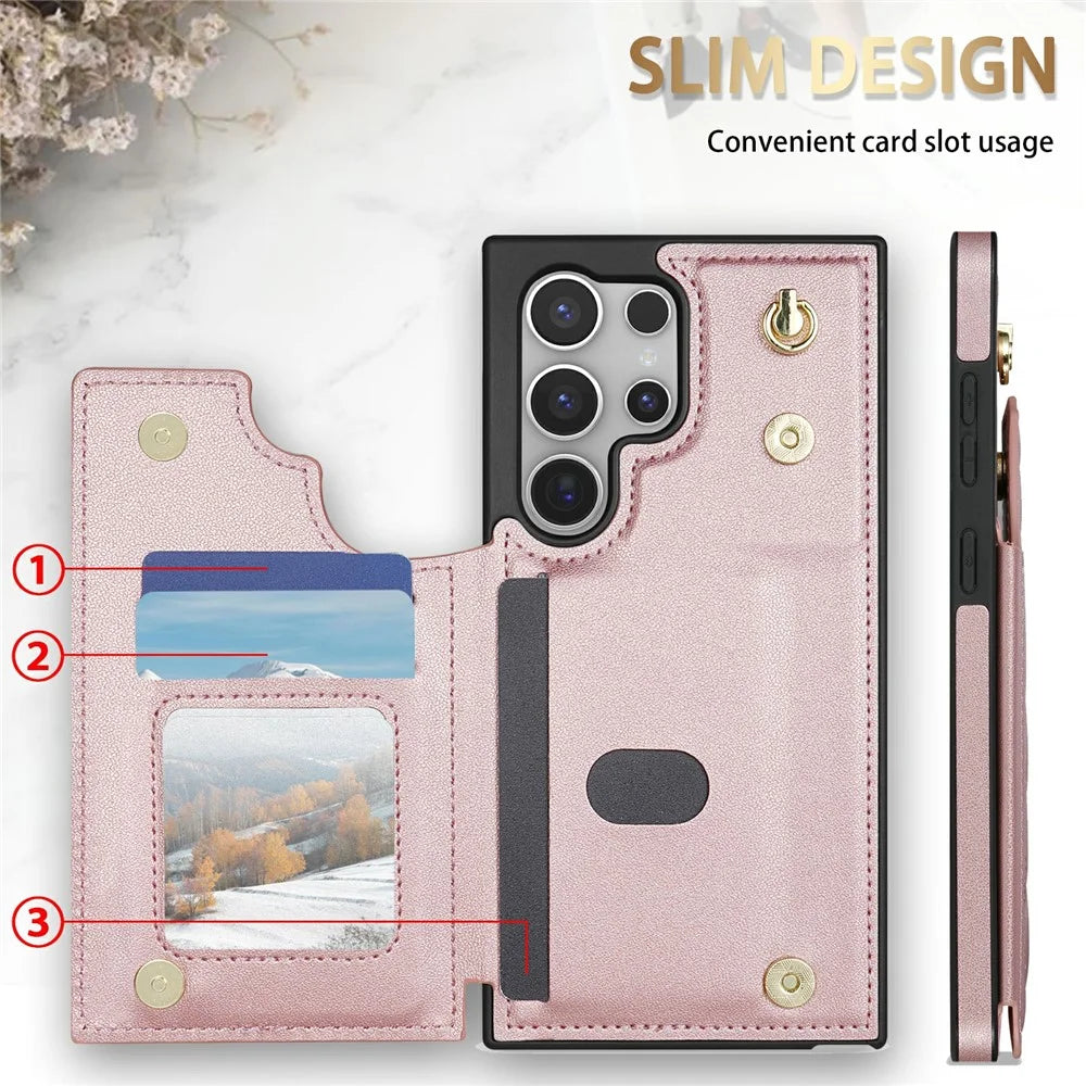 For Samsung Galaxy S25 Ultra Case with Wrist Strap Card Slots Rhombus Leather + TPU Phone Cover - Rose Gold - 5