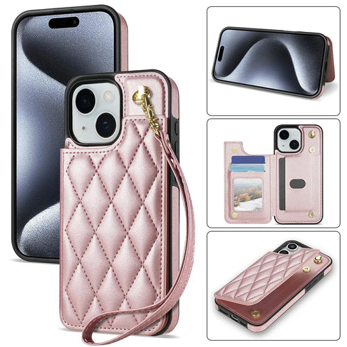 For iPhone 15 Case with Wrist Strap Card Slots Rhombus Leather + TPU Phone Cover - Rose Gold - 1