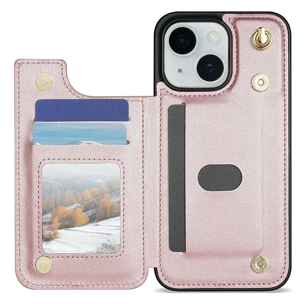For iPhone 15 Case with Wrist Strap Card Slots Rhombus Leather + TPU Phone Cover - Rose Gold - 2