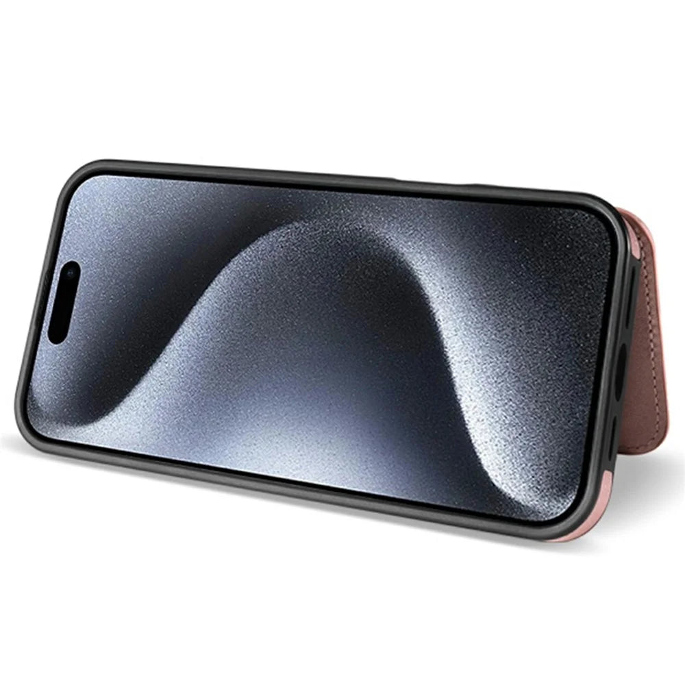 For iPhone 15 Case with Wrist Strap Card Slots Rhombus Leather + TPU Phone Cover - Rose Gold - 3