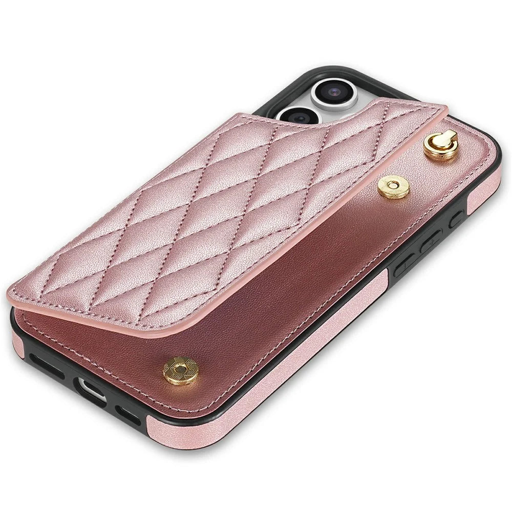 For iPhone 15 Case with Wrist Strap Card Slots Rhombus Leather + TPU Phone Cover - Rose Gold - 4