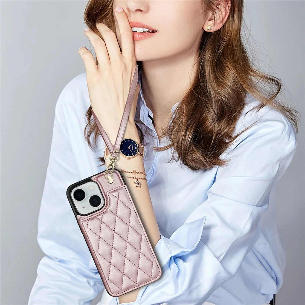 For iPhone 15 Case with Wrist Strap Card Slots Rhombus Leather + TPU Phone Cover - Rose Gold - 5