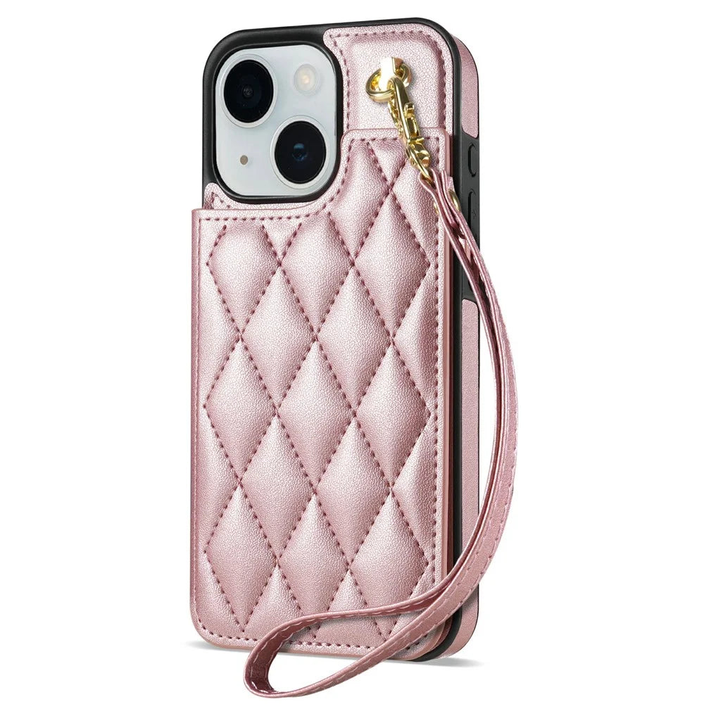 For iPhone 15 Case with Wrist Strap Card Slots Rhombus Leather + TPU Phone Cover - Rose Gold - 6