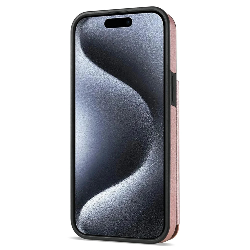 For iPhone 15 Case with Wrist Strap Card Slots Rhombus Leather + TPU Phone Cover - Rose Gold - 7