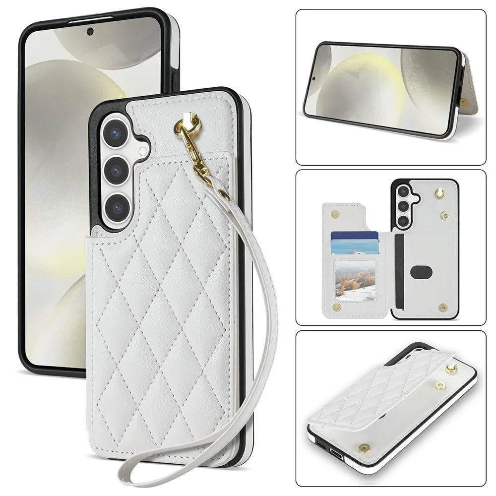 For Samsung Galaxy A16 5G  /  4G Case with Wrist Strap Card Slots Rhombus Leather + TPU Phone Cover - White - 1
